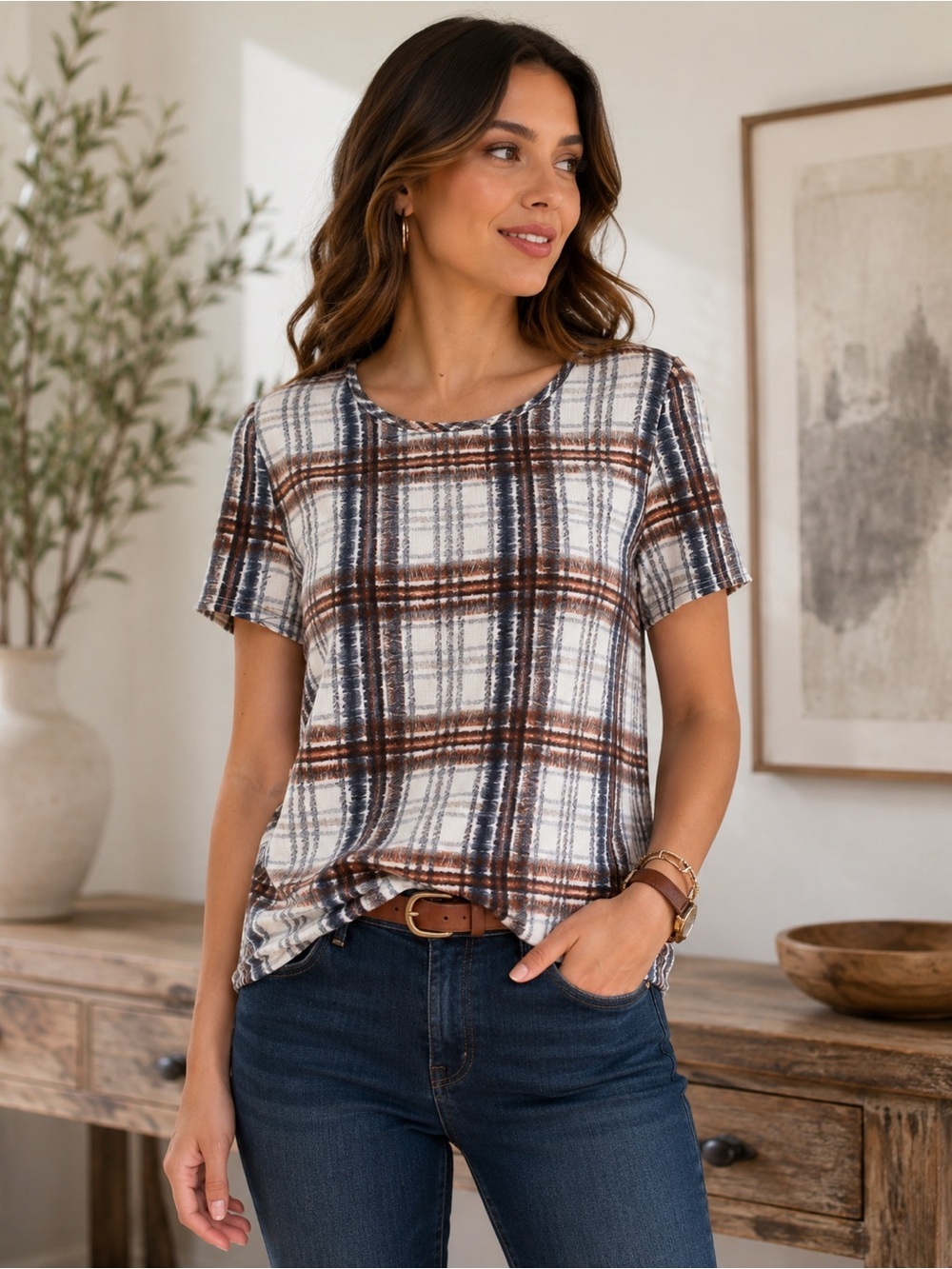 Philosophy Plaid Short-Sleeve Top in White, Brown & Navy Size M